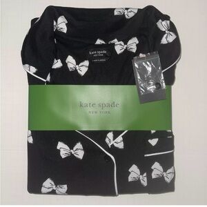NWT Kate Spade Long Sleeve Notch Collar Long PJ Black Bow Set